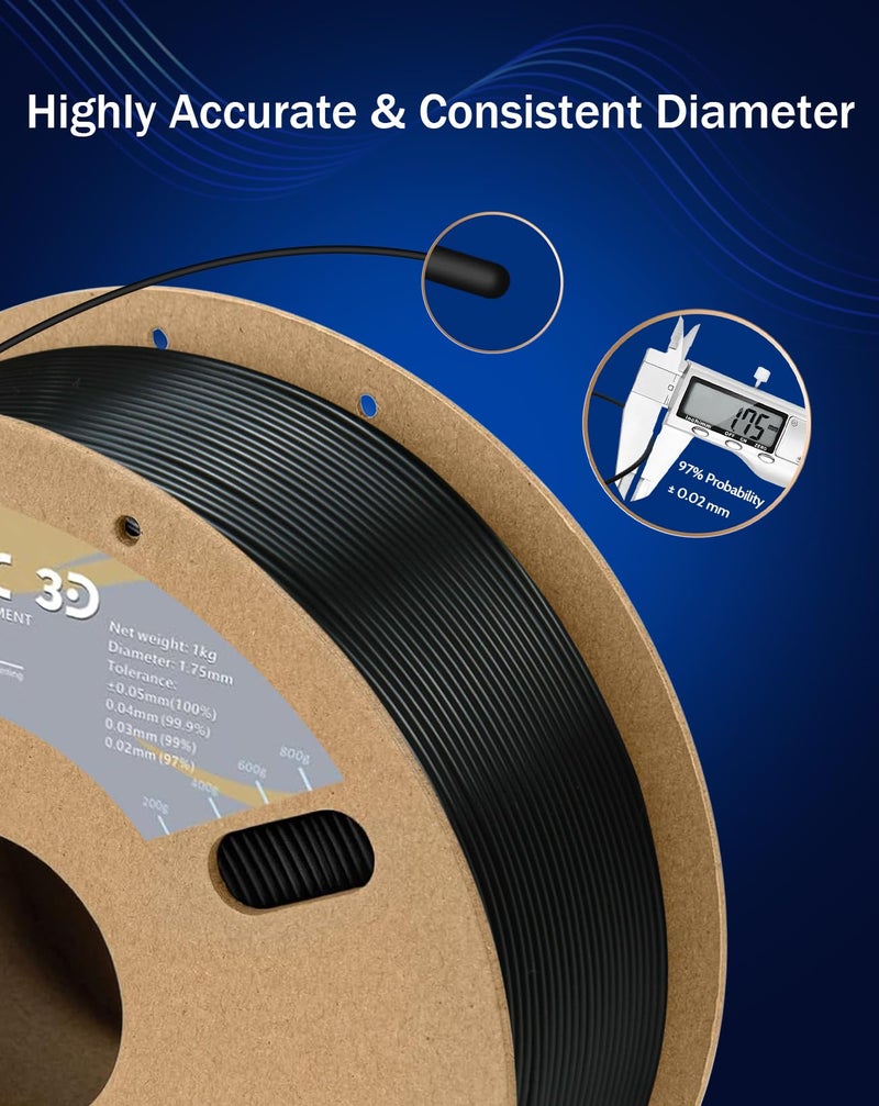 DURAMIC 3D PETG Filament 1.75mm Black, 3D Printing Filament 1kg Spool(2.2lbs), Black Filament 1.75mm Dimensional Accuracy +/- 0.05 mm Non-Tangling Non-Clogging Non-Stringing - Image 3